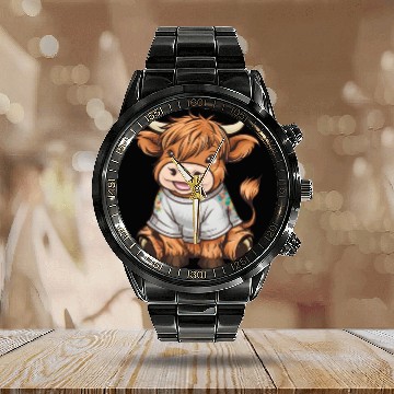 Discover Cute Baby Highland Cow Graphic Highland Cattle Calendar Steel Band Watch