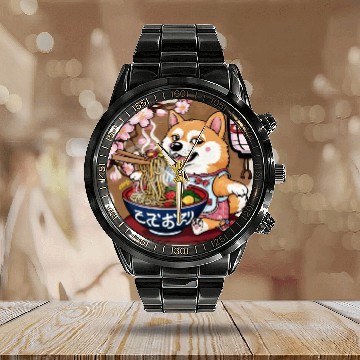 Discover Shibas Inu Eating Ramen Noodles Kawaii Calendar Steel Band Watch