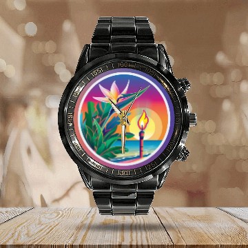Discover Paradise Flower and Torch Calendar Steel Band Watch