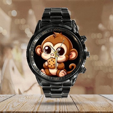 Discover Monkey Chimpanzee Snacking Cookies Calendar Steel Band Watch