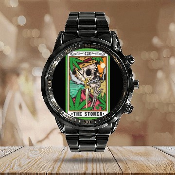 Discover The Stoner Tarot Card Skeleton Cannabis Weed Lover Calendar Steel Band Watch