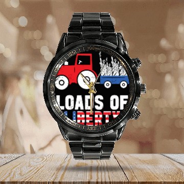 Discover Liberty Tractor Patriotic American Calendar Steel Band Watch