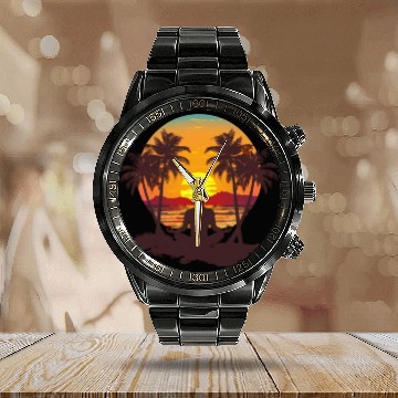 Discover Meditation Sunset and Palm Trees Calendar Steel Band Watch