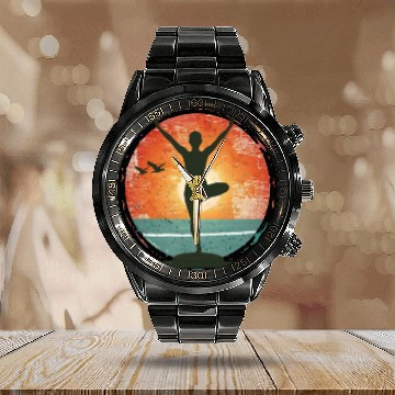 Discover Sunset Yoga Silhouette Peaceful Scene Calendar Steel Band Watch
