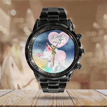 Discover Lovely Elephant And Bird Walking Up Using Balloon Calendar Steel Band Watch