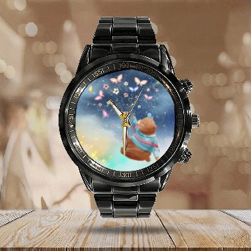 Discover Teddy Bear Up To Sky Using Butterfly Excited Calendar Steel Band Watch
