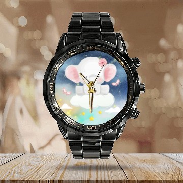 Discover Baby Elephant Ride Up To Sky Using Cloud Excited Calendar Steel Band Watch