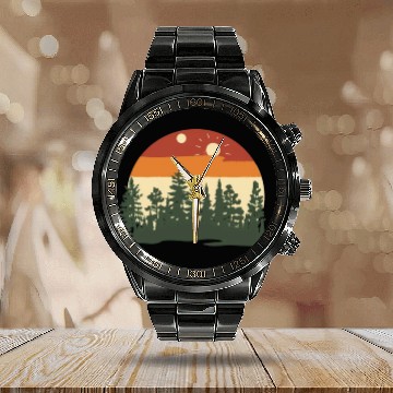 Discover Sunset Silhouette Pine Forest Retreat Calendar Steel Band Watch