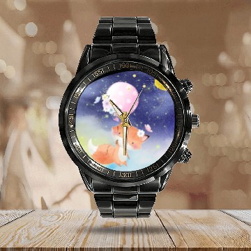 Discover Funny Happy Fox Flying to Sky Using Balloon Calendar Steel Band Watch