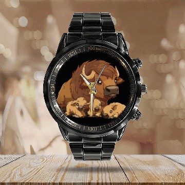 Discover Cute Buffalo Mother Protecting her Buffalo Babies Calendar Steel Band Watch