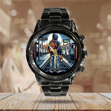 Discover AI Teen in Outdoor Subway Yard - Circle Border Calendar Steel Band Watch