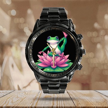 Discover Frog Yoga Meditation on Water Lily Calendar Steel Band Watch