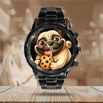 Discover Pug with Cookie Sweet Dessert Calendar Steel Band Watch