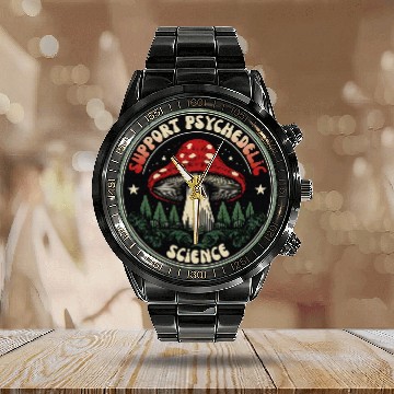 Discover Support Psychedelic Science Magic Mushrooms Calendar Steel Band Watch