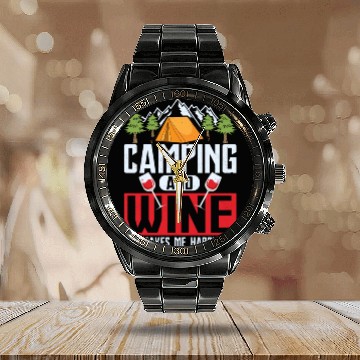 Discover Camping and wine makes me happy Camper Outdoor Calendar Steel Band Watch