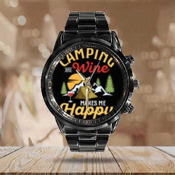 Discover Camping and wine makes me happy Outdoor Camper Calendar Steel Band Watch