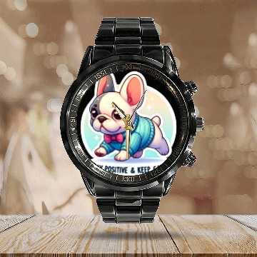 Discover Stay Positive French Bulldog Motivational Words Calendar Steel Band Watch