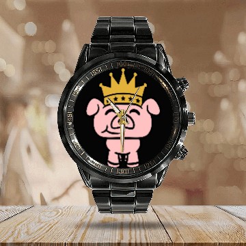 Discover Pig King Queen Crown Prince Princess Piggy Piglet Calendar Steel Band Watch