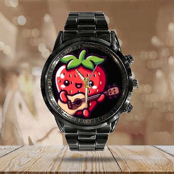 Discover cute strawberry with guitar Calendar Steel Band Watch