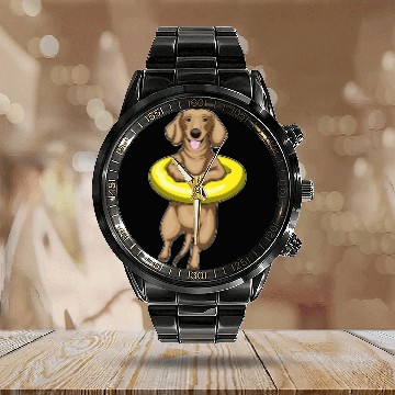 Discover Dachshund Swimming Swim ring Calendar Steel Band Watch