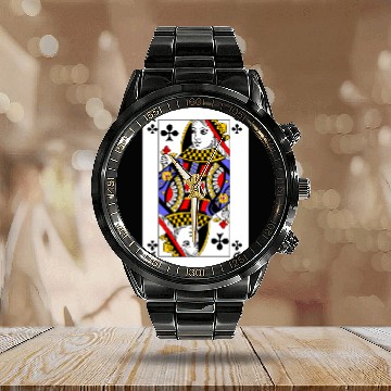 Discover Queen of Clubs Playing Card Calendar Steel Band Watch