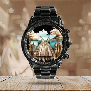 Discover Wooden Dock By A Peaceful Lake Calendar Steel Band Watch