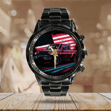 Discover Jeep Gladiator JT US Flag Calendar Steel Band Watch