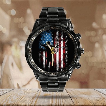 Discover Archery US Flag Archer Bow Hunter Calendar Steel Band Watch