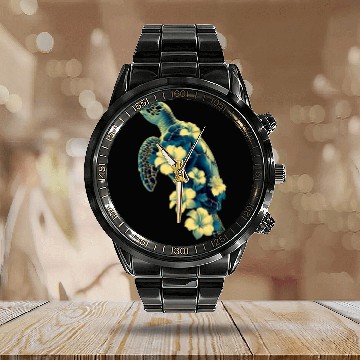Discover Nature Inspired Floral Sea Turtle with Tropical Fl Calendar Steel Band Watch