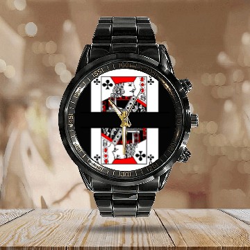 Discover Playing card clover jack with banner space Calendar Steel Band Watch