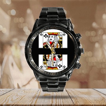 Discover Playing card clover king with banner space Calendar Steel Band Watch