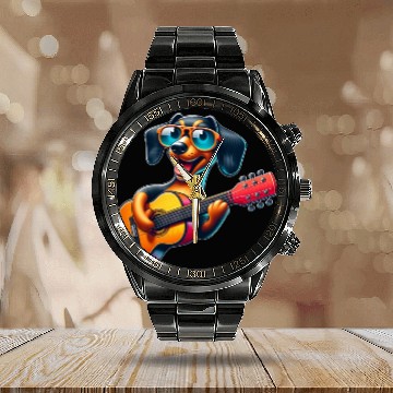 Discover Dachshund Guitarist Guitar Music Dog Calendar Steel Band Watch