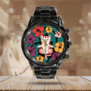 Discover Zen Hibiscus Cat Calendar Steel Band Watch
