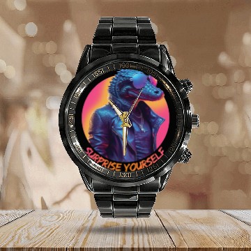 Discover Synthwave style crocodile wearing sunglasses Calendar Steel Band Watch