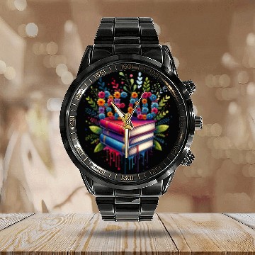 Discover Book Flower Reading Wildflowers Librarian Bookworm Calendar Steel Band Watch