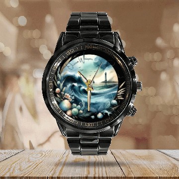 Discover Ocean Whisper: Serene Seascape Art Calendar Steel Band Watch