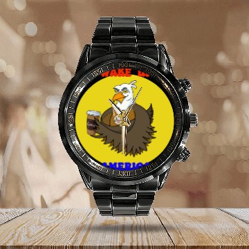 Discover Wake Up America - Bald Eagle Drinking Coffee Calendar Steel Band Watch