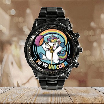 Discover Funny YoYo Unicorn Rainbow Skill Calendar Steel Band Watch