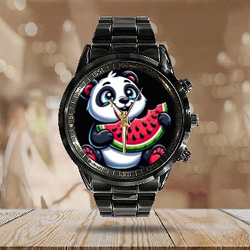 Discover Panda with Watermelon Fruity Funny Calendar Steel Band Watch