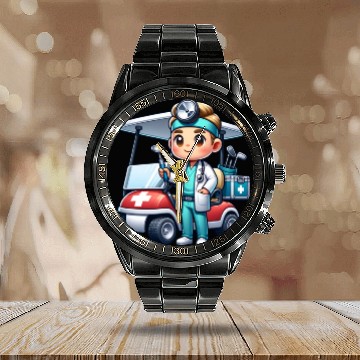 Discover Cute golfer doctor standing Calendar Steel Band Watch