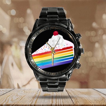 Discover Piece of rainbow cake with cream and cherry Calendar Steel Band Watch