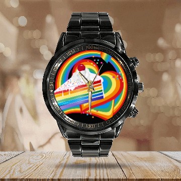 Discover Piece of rainbow cake with cream and cherry Calendar Steel Band Watch