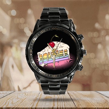 Discover Piece of rainbow cake with cherry in comic style Calendar Steel Band Watch