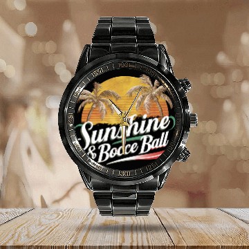 Discover Sunset Palms & Bocce Bliss Calendar Steel Band Watch