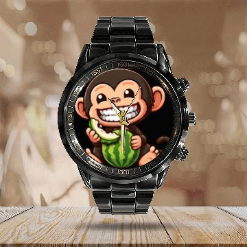 Discover Monkey chimpanzee melon watermelon honeydew melon Calendar Steel Band Watch