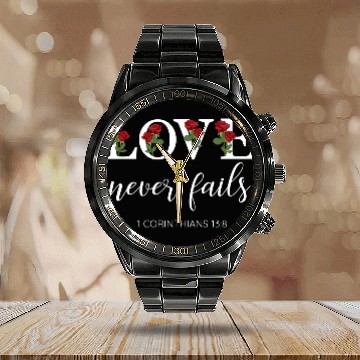 Discover Love Never Fails Floral Typography Calendar Steel Band Watch