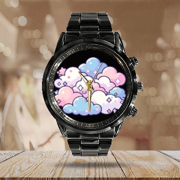Discover Sweet Dreams: Pastel Cloudscape Calendar Steel Band Watch