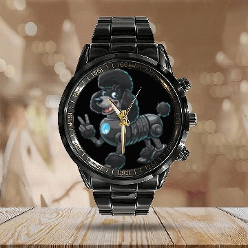 Discover Cyborg Poodle Robot Peace Sign Calendar Steel Band Watch