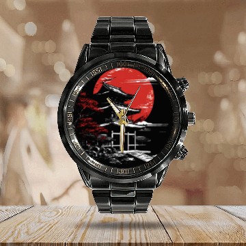 Discover Japanese Temple Red Moon Birds Flying Aesthetic Calendar Steel Band Watch