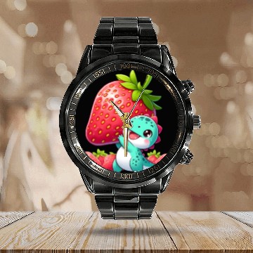 Discover Dinosaur with giant strawberry Calendar Steel Band Watch